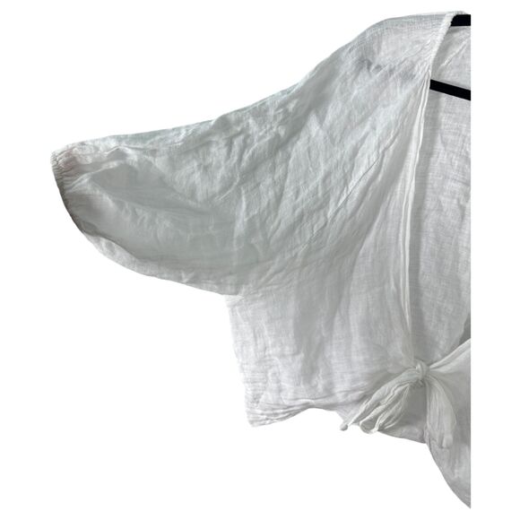 Puro Lino White Tie Front Cropped Puff Sleeve Linen Blouse Size One Size NEW - Picture 5 of 6